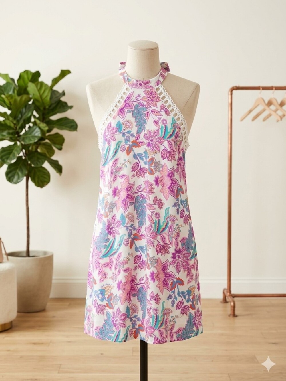 CUPSHE Playful Crush Floral Mini Dress Medium Boho Halter Crochet Trim Backless